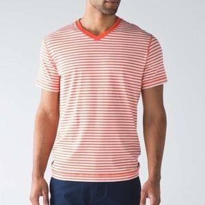 Lululemon Men’s Red White Stripe V Neck Tee Shirt Estimated Large